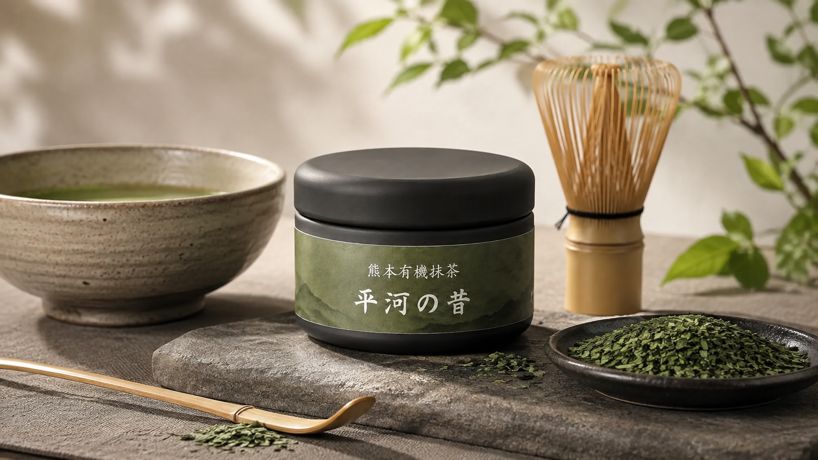 Hirakawa no Mukashi matcha tin with a tea bowl and bamboo whisk
